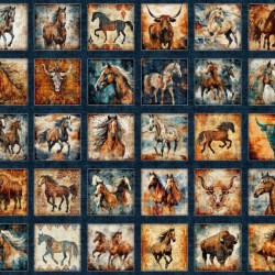 Horses & Bulls Picture 90cm Patches Panel - DK TEAL