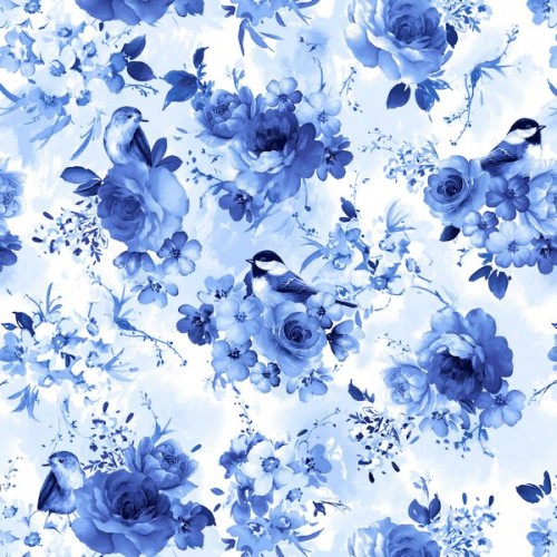 Large Blue Flowers and Birds - BLUE
