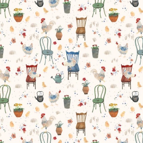 Country Chickens on Chairs - CREAM